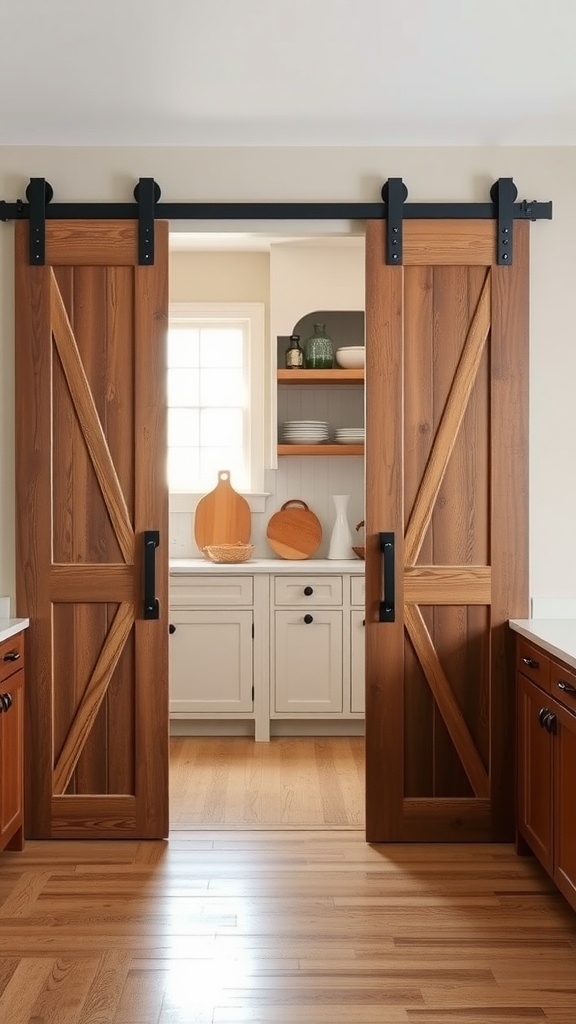 Sliding barn doors leading to a kitchen pantry with wooden shelves