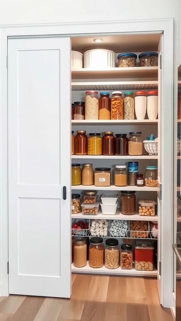 A sliding door pantry filled with jars and containers, showcasing organized kitchen storage.