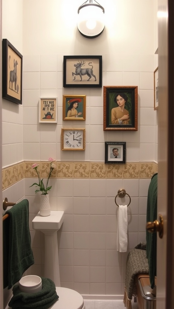 A small bathroom featuring a variety of small-scale art framed on the wall, including portraits and decorative pieces, with a small vase of flowers on display.