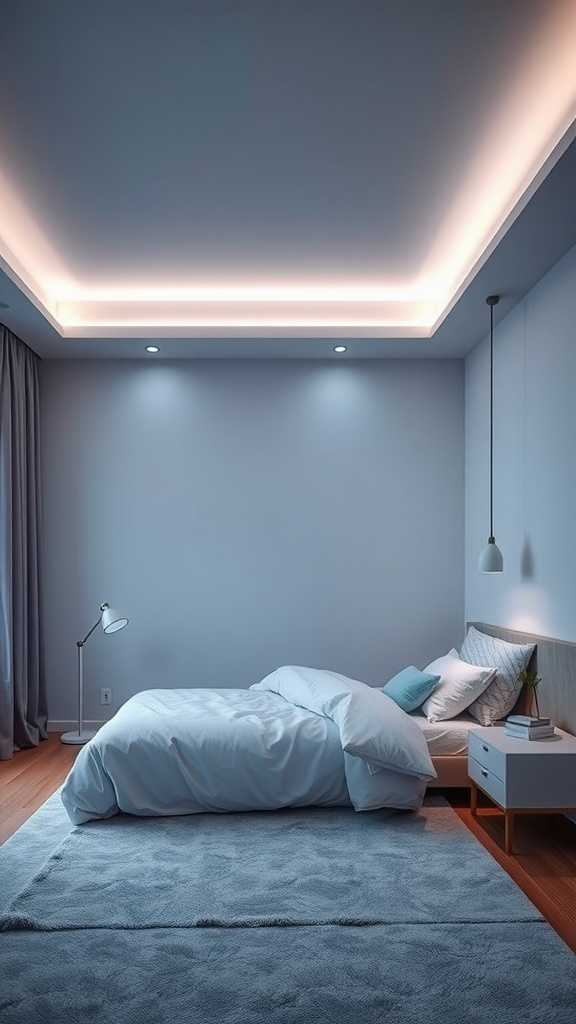 A minimalist bedroom with smart lighting solutions, featuring soft ceiling lights and a stylish lamp.