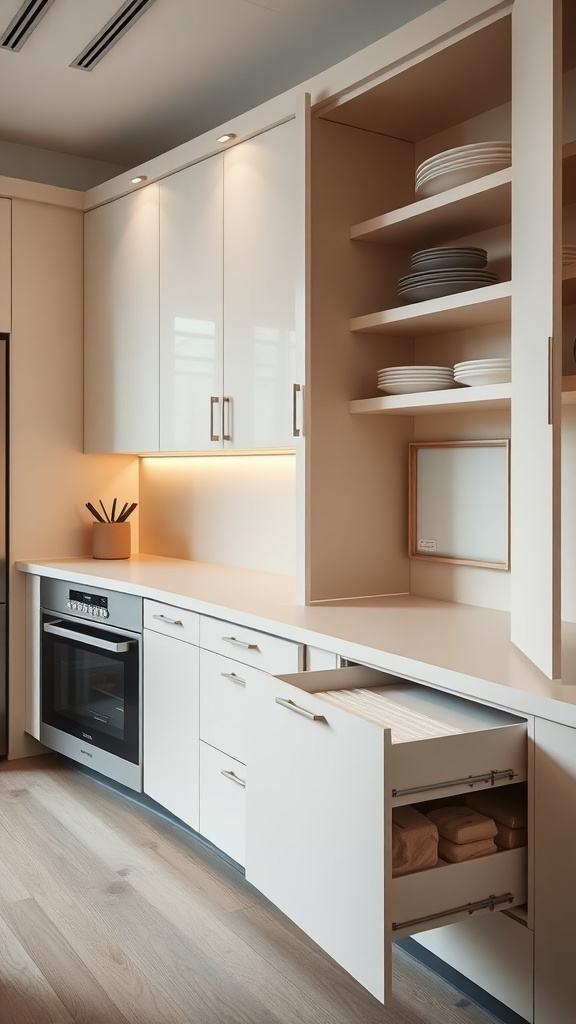 Modern kitchen with sleek cabinets and smart storage solutions including open shelves and pull-out drawers.