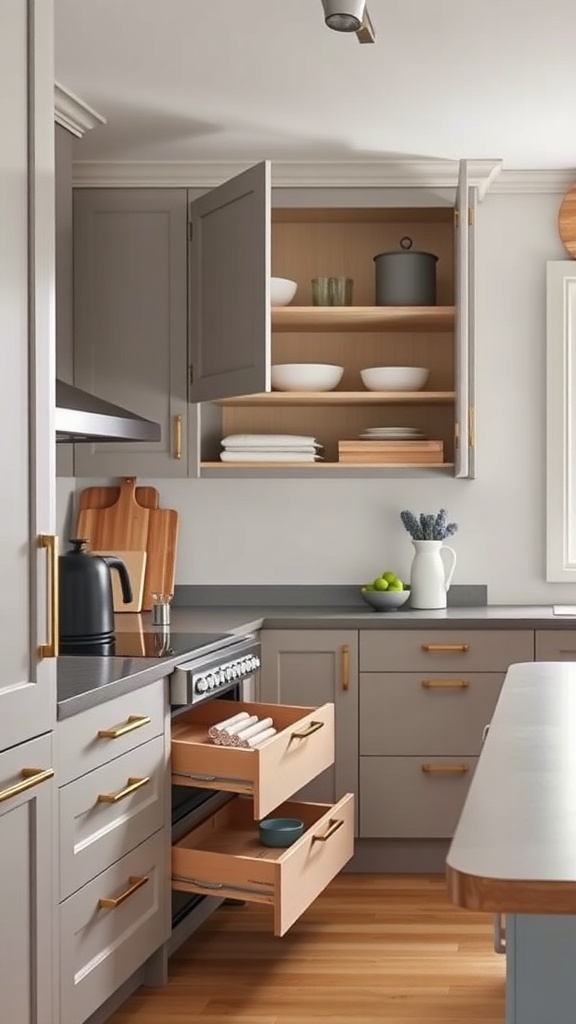 A modern Scandinavian kitchen featuring open cabinets and organized drawers.