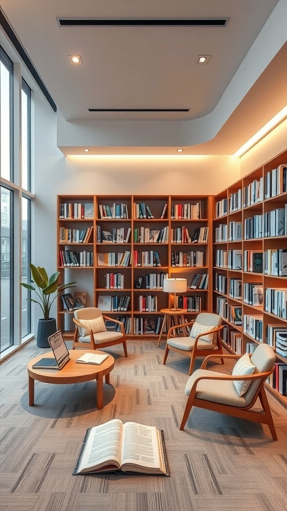 A modern reading room with comfortable chairs, a wooden table, a bookshelf filled with books, a lamp, and a tablet on the table.