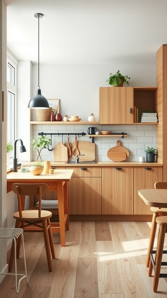 Cozy Scandinavian kitchen with light wood tones, open shelving, and a compact dining area.
