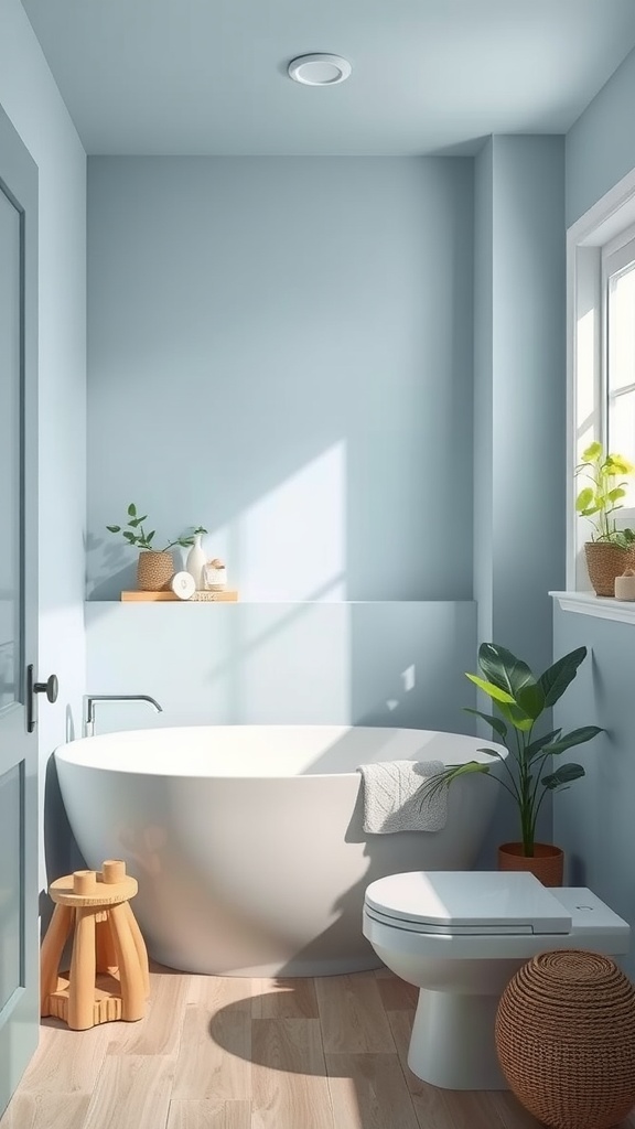 A soft blue pastel bathroom featuring a freestanding tub, natural elements, and plants.
