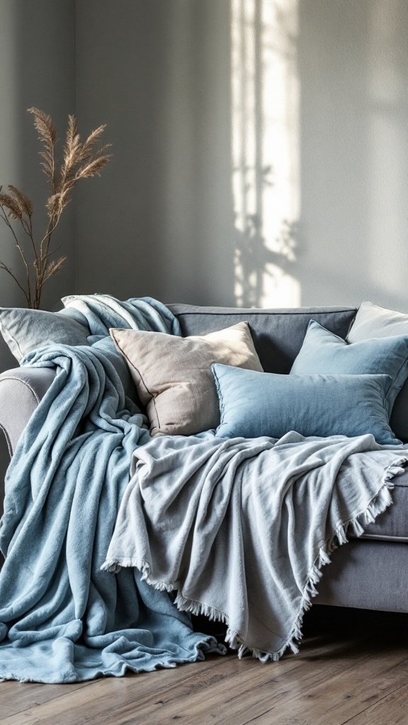 A cozy sofa adorned with soft blue blankets and pillows, creating a tranquil and inviting space.