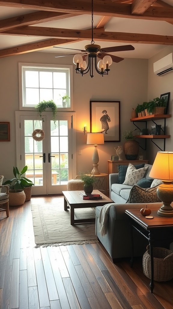 A cozy farmhouse living room with soft lighting from lamps and natural light, featuring plants and rustic decor.
