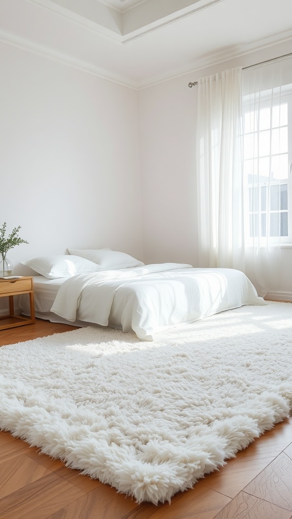 A bright and airy country bedroom with a soft white area rug and a neatly made bed.