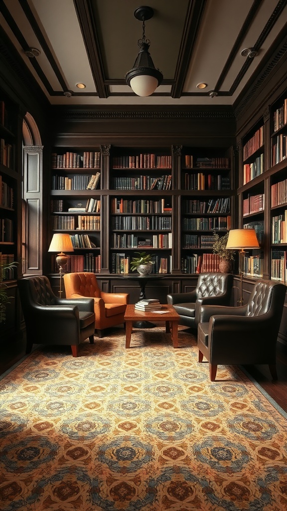 A cozy library featuring dark wood bookshelves filled with books, leather armchairs, a wooden table, and an intricate rug.