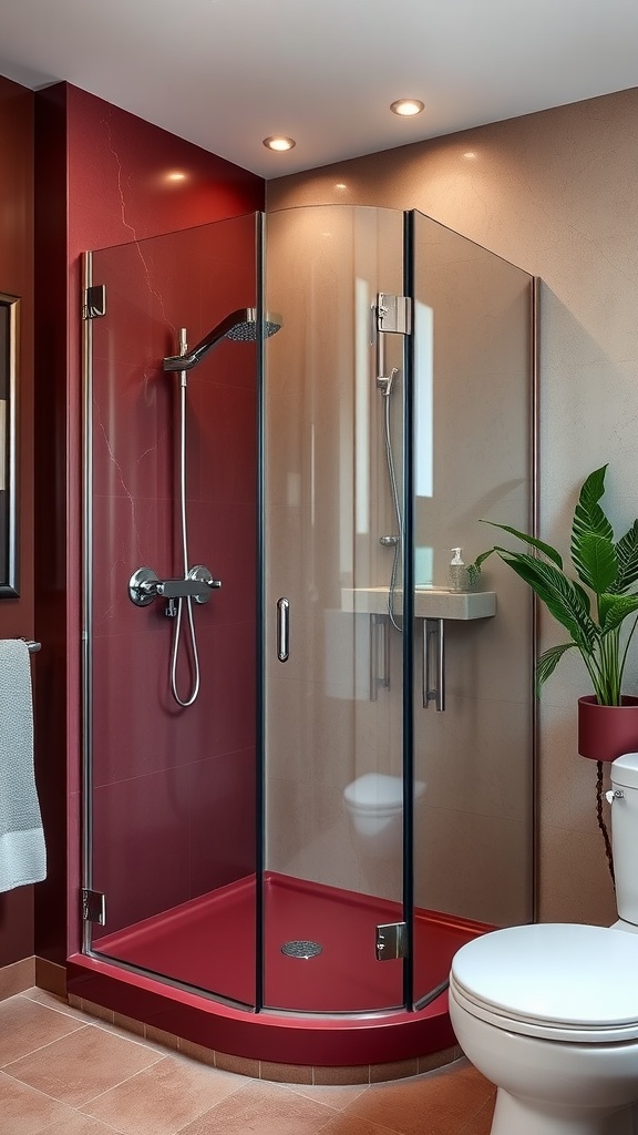 A sophisticated maroon shower enclosure featuring glass panels, modern shower fixtures, and a lush green plant.