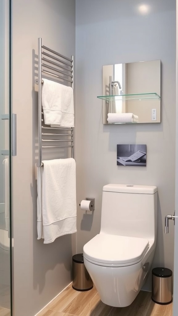 A stylish, modern space-saving towel rack in a small bathroom.