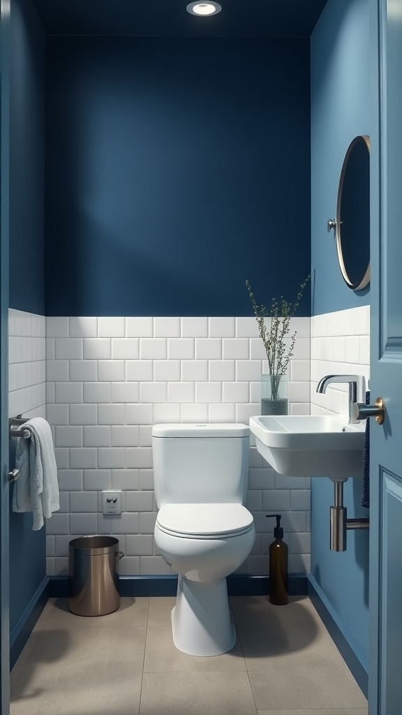A modern bathroom featuring navy blue walls, white subway tiles, and a minimalist sink design.