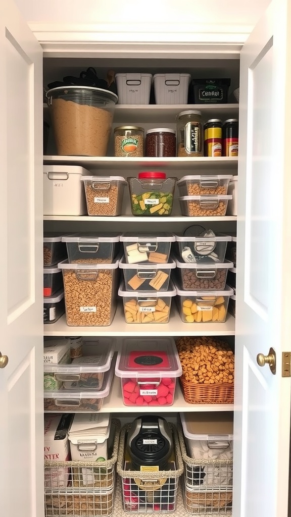Organized kitchen pantry with stackable storage bins.