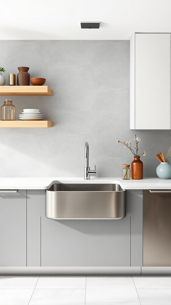 A modern kitchen featuring a stainless steel farmhouse sink, light gray cabinetry, and wooden shelves with decorative items.
