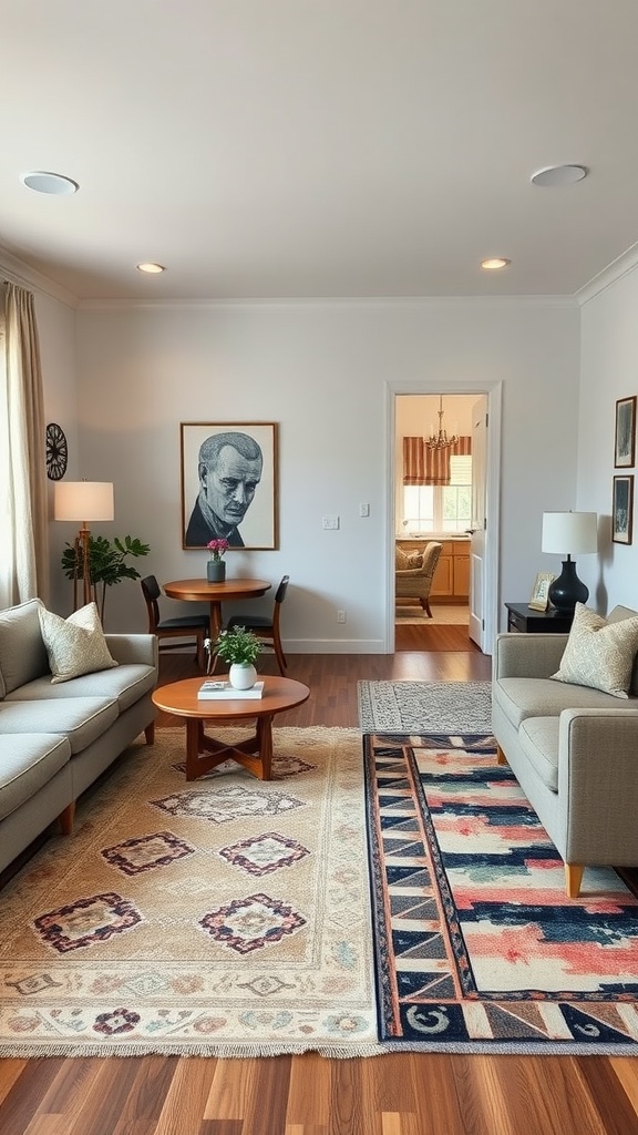 A living room and dining room combo featuring two stylish area rugs, one light and one dark, with comfortable seating and a central table.