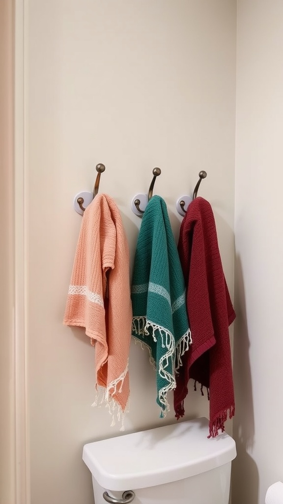 Three colorful towels hanging on stylish wall hooks in a small bathroom