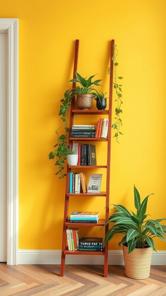 A stylish wooden ladder shelf filled with books and plants against a bright yellow wall.
