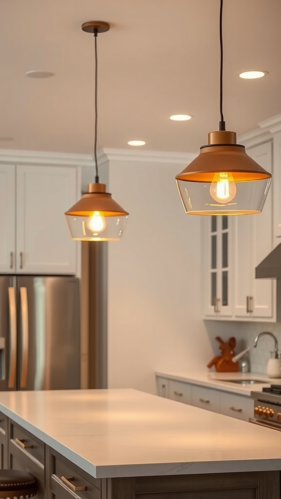 Two stylish pendant lights hanging over a kitchen countertop.
