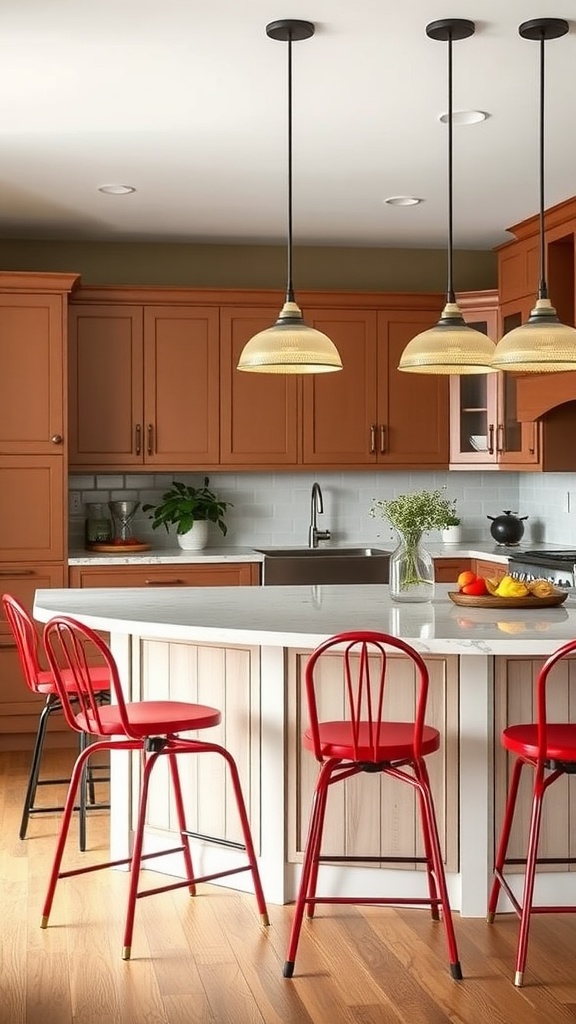 A cozy kitchen featuring red barstools at a marble-topped island, surrounded by wooden cabinetry and pendant lighting.
