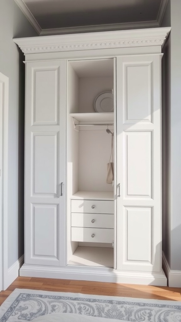 A white built-in wardrobe with two doors and drawers, designed for a country bedroom.