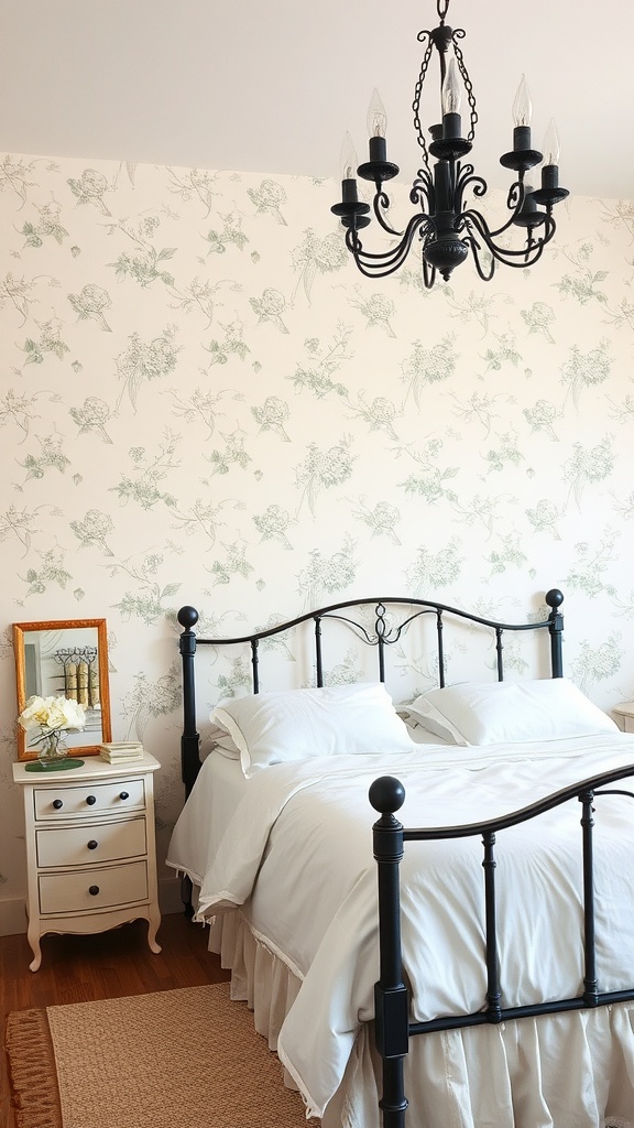 Country bedroom with subtle white floral wallpaper, black bed frame, and chandelier