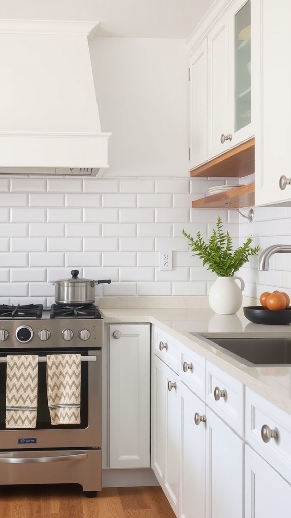 Modern farmhouse kitchen with a subway tile backsplash in soft hues, white cabinetry, and stainless steel appliances.