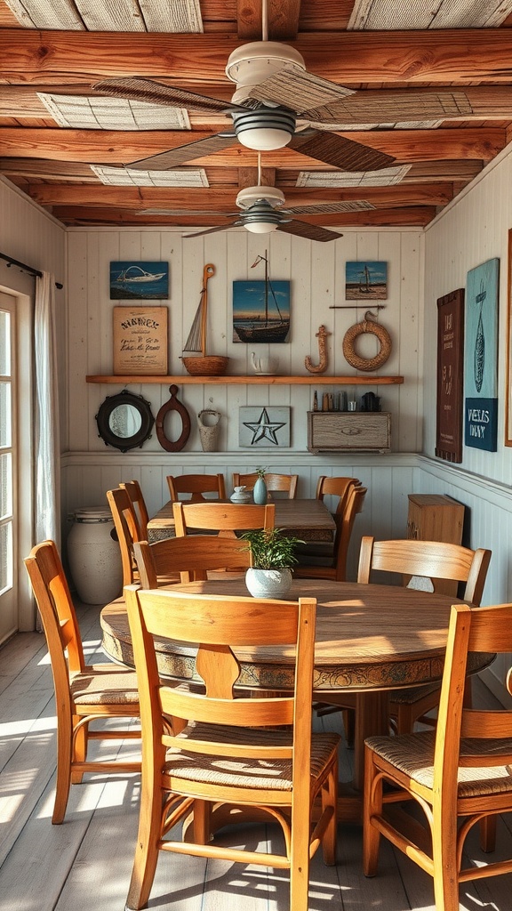 A cozy dining area with sun-bleached wood furniture, featuring a round table and wooden chairs, complemented by coastal-themed decor on the walls.