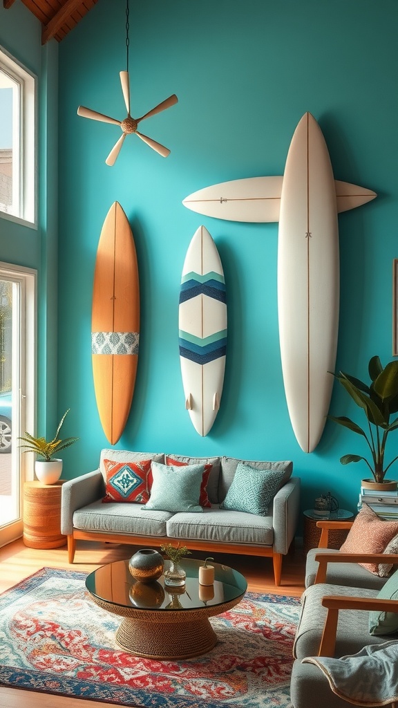A cozy living room with surfboards hanging on a turquoise wall, featuring a soft couch and a round coffee table