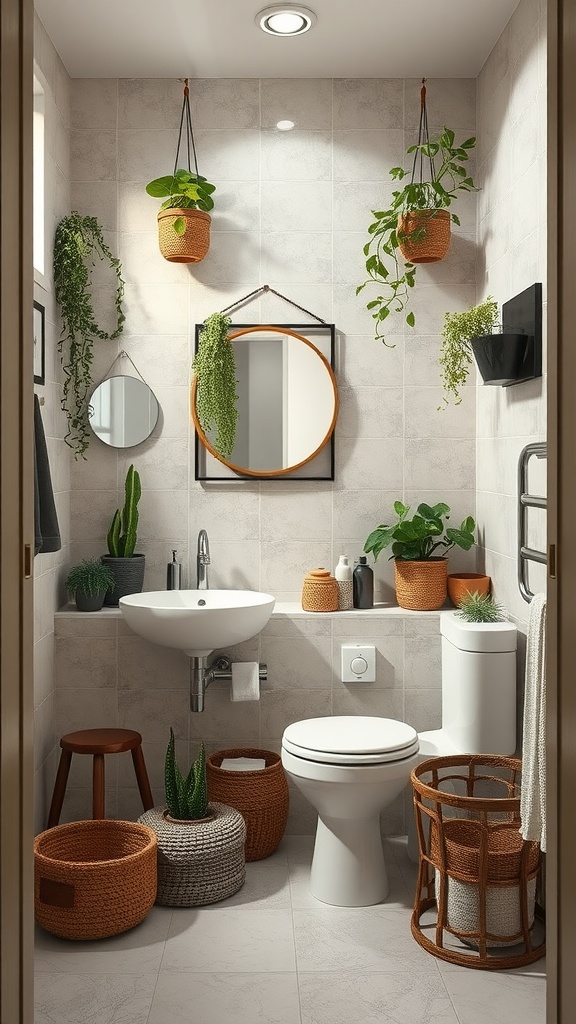 A cozy bathroom featuring hanging plants, natural materials, and eco-friendly decor.