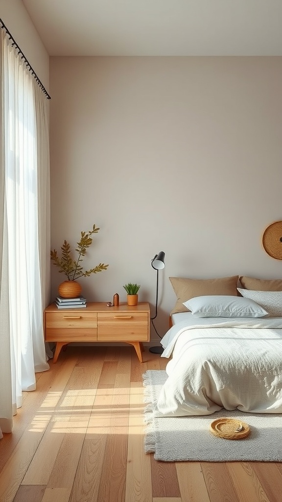 A minimalist bedroom featuring wooden furniture, plants, and natural light.
