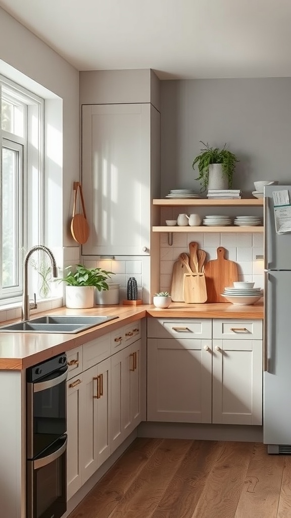 A Scandinavian kitchen featuring natural wood elements, plants, and energy-efficient appliances