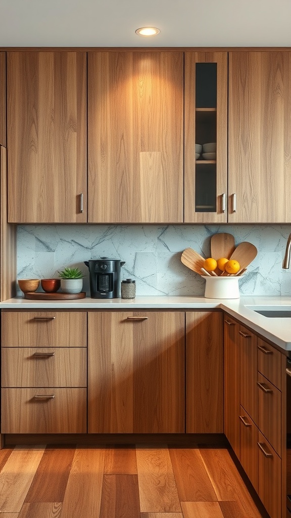 A kitchen with wooden cabinets featuring a rich grain, complemented by a light countertop and decorative items.