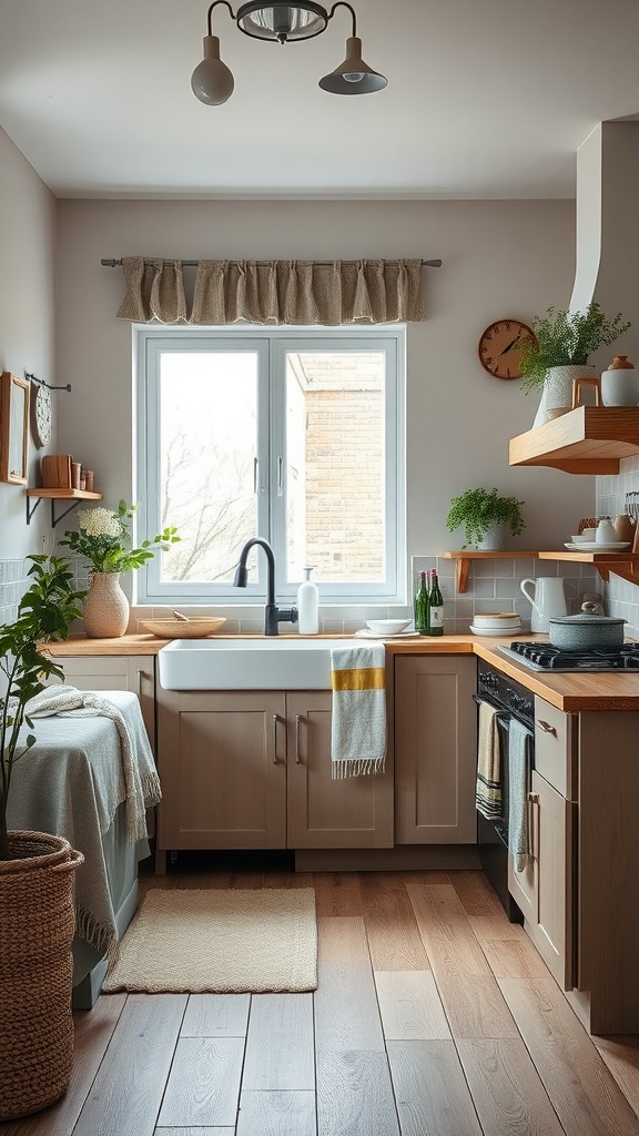Scandinavian kitchen featuring textured fabrics and linens, with a cozy and inviting atmosphere.