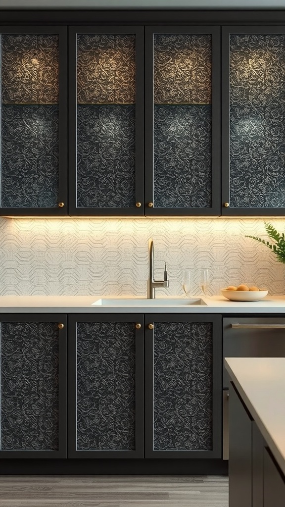 A modern kitchen featuring black cabinets with textured glass panels and warm lighting.