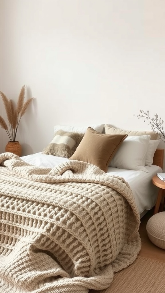 A minimalist bedroom with a chunky knitted throw, earth-toned pillows, and decorative plants.