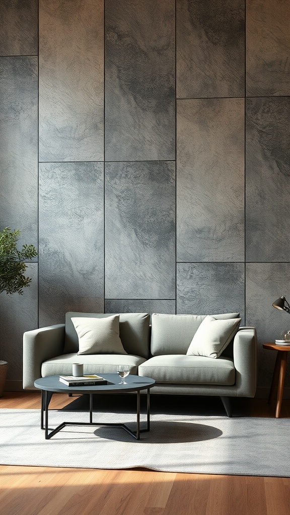 Living room featuring textured wall panels behind a modern sofa
