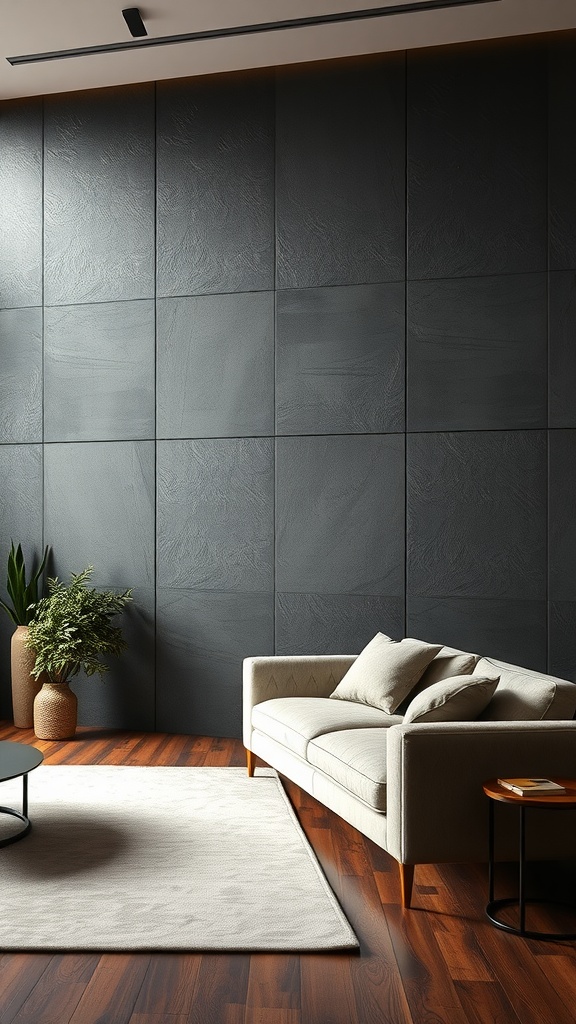 A cozy living room featuring dark textured wall panels, a light sofa, and wooden accents
