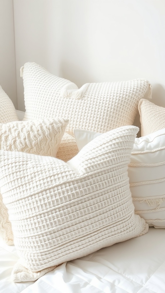 A collection of textured white throw pillows on a bed, showcasing various patterns and materials.