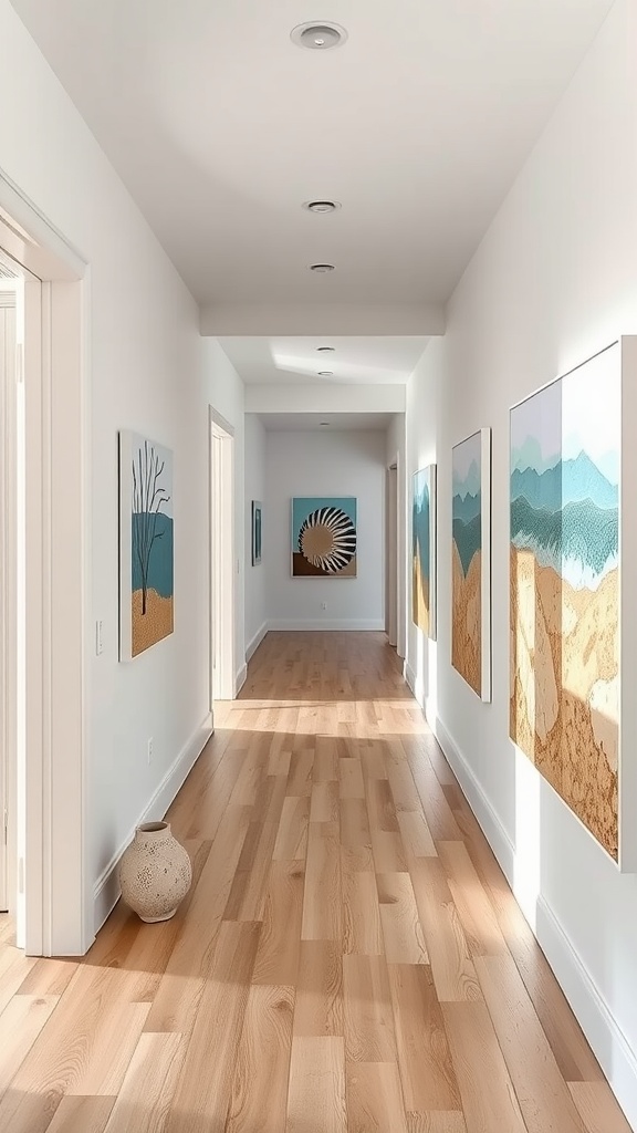 A hallway showcasing tide pool-inspired art with light wood flooring and a decorative pot.