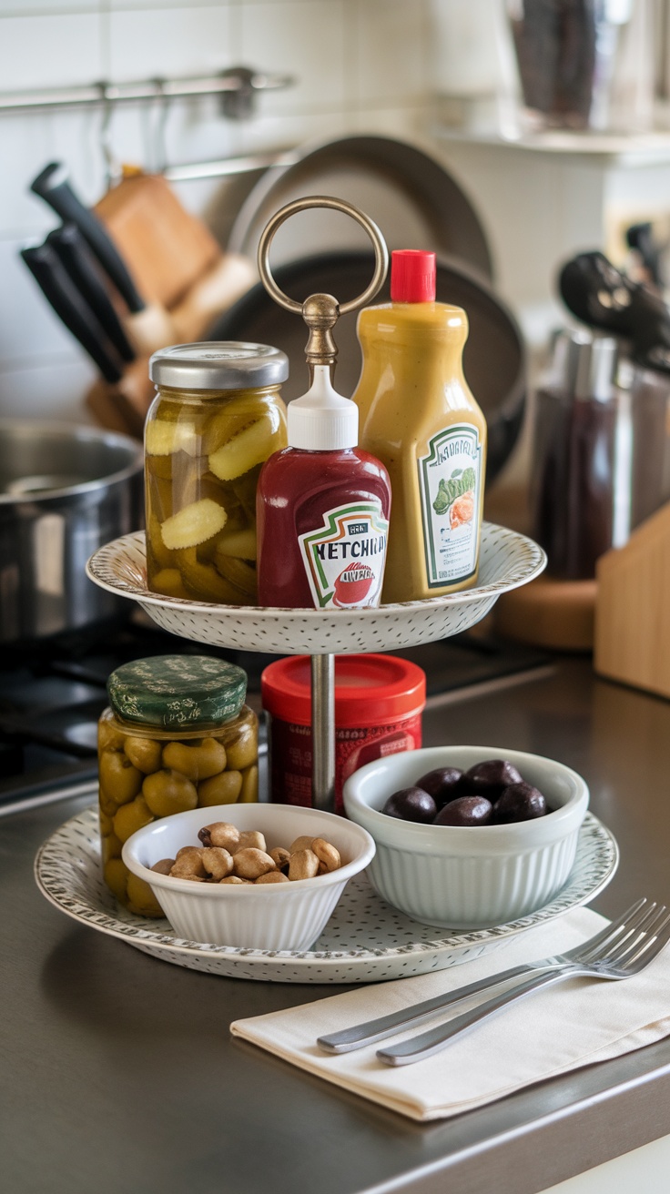 A tiered serving tray displaying various condiments, spices, and sauces in a kitchen.