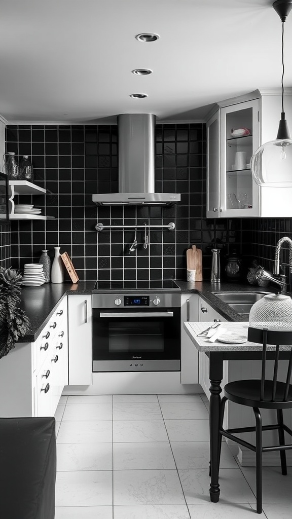A modern farmhouse kitchen featuring a black and white color scheme with sleek appliances and tiled backsplash.