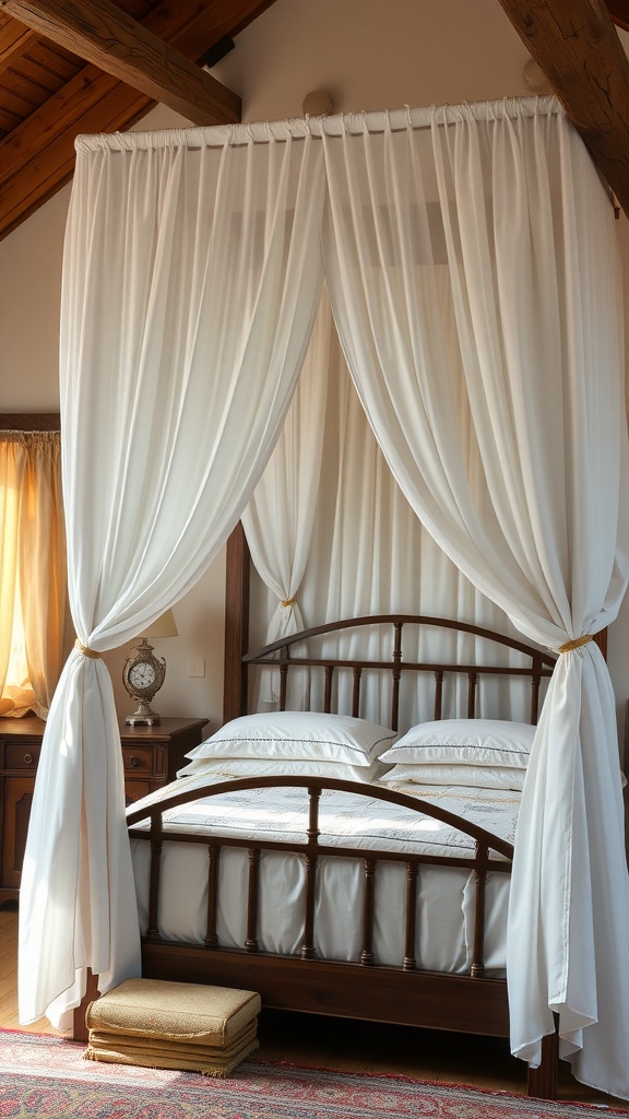A cozy bedroom featuring a white bed canopy draped over a wooden bed frame, with soft pillows and warm lighting.