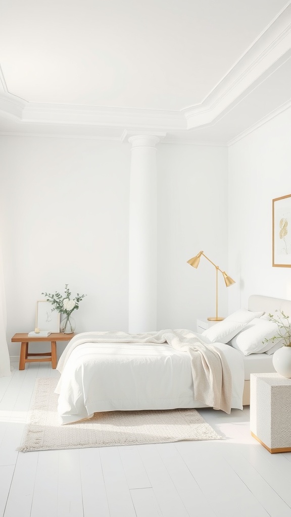 A serene white bedroom featuring light furniture, a cozy blanket, and natural decor.