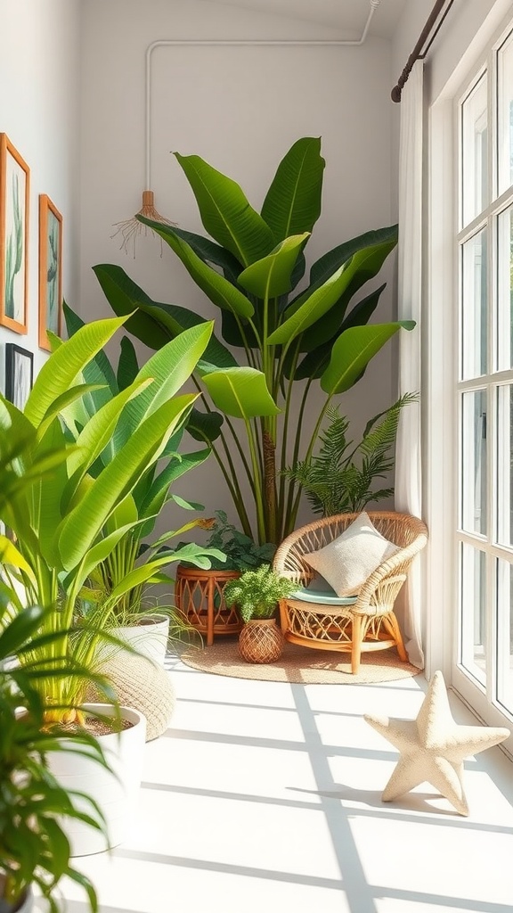 Interior with large tropical plants, rattan chair, and coastal decor accents.