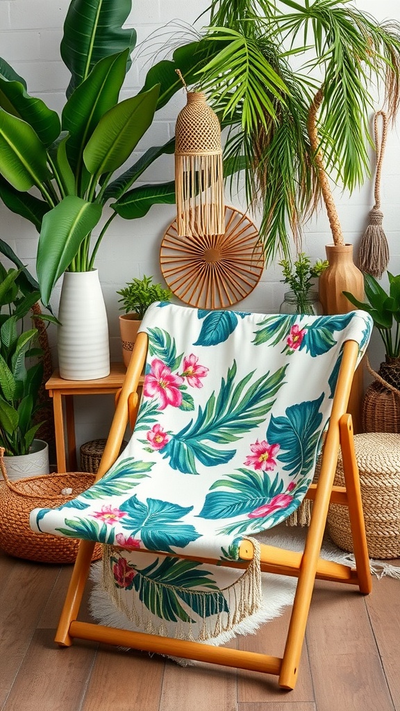 Tropical print beach chair surrounded by plants and decor
