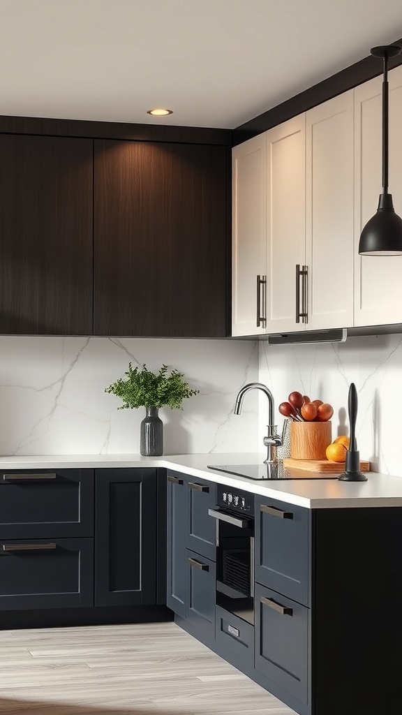 A modern kitchen with two-tone cabinetry, featuring dark lower cabinets and light upper cabinets, complemented by stylish fixtures.