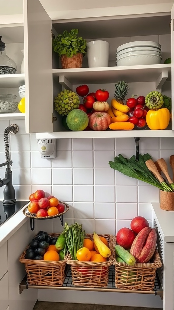 A kitchen featuring under-cabinet baskets filled with various fruits, showcasing creative storage solutions.