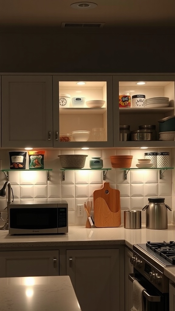 Kitchen with under-cabinet lighting illuminating shelves and countertop