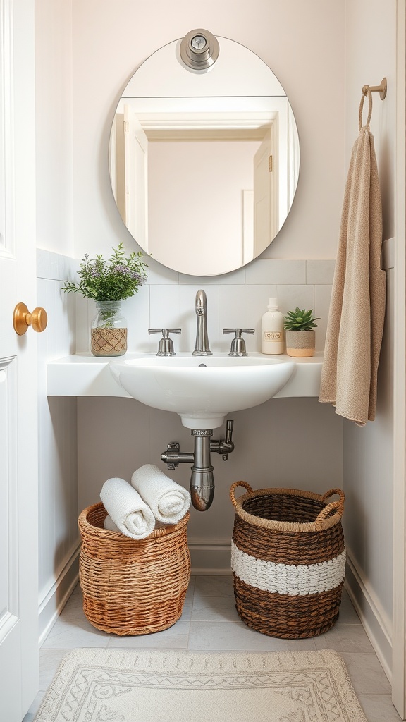 A small bathroom with under-sink storage baskets holding towels and essentials.