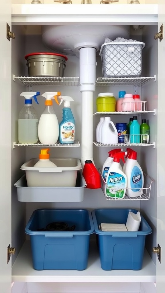 Organized under-sink storage with cleaning supplies and bins.